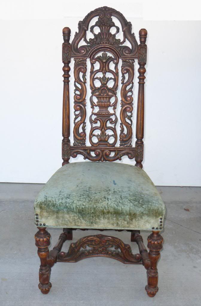 EXQUISITE PAIR ANTIQUE SPANISH REVIVAL Accent CHAIRS GREEN VELVET